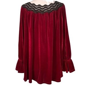 Rafaella Deep Red Velvet Black Lace Scalloped Trim Neck Long Sleeve Top Sz M